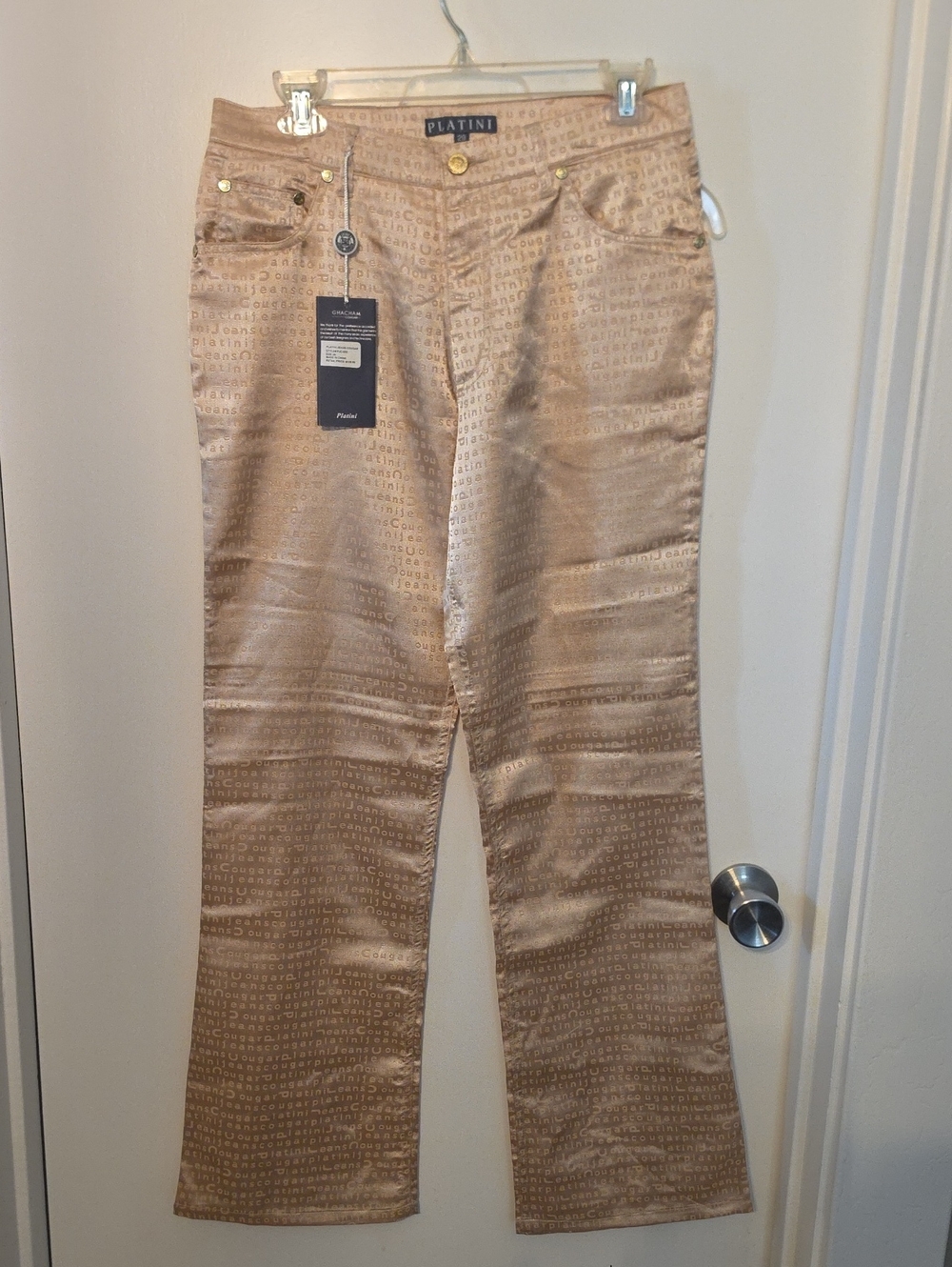 Platini Metallic Beige Boot-Cut Logo Jacquard Pants